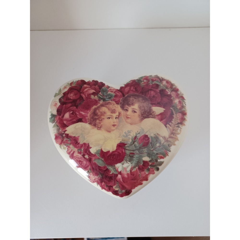 Teleflora Heart Ceramic Trinket Box Cherub Angel Red Rose Victorian Cream Gold
